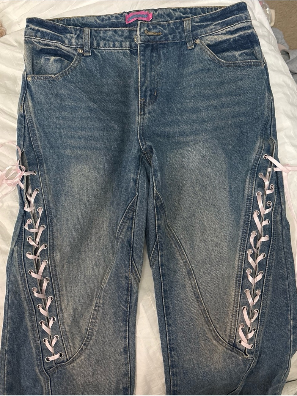 Edikted Denim Jeans with Pink Side Lace-Up